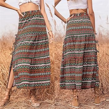 N /A Women Boho Floral Print High Elastic Waist Pleated A